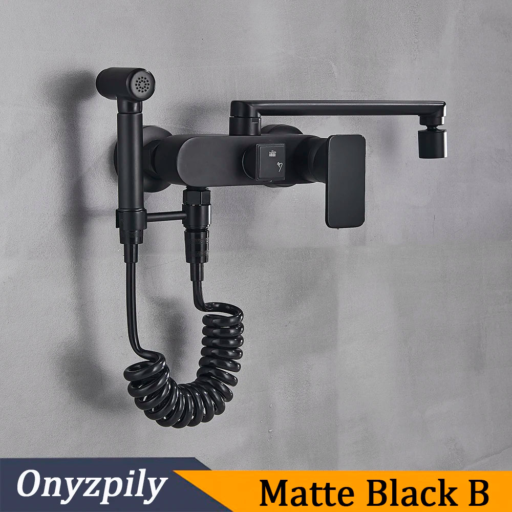 Matte Black Wall Mounted Kitchen Faucet Pull down Cold Hot Water Kitchen Taps 360 Rotation Dual Function Sprayer Taps