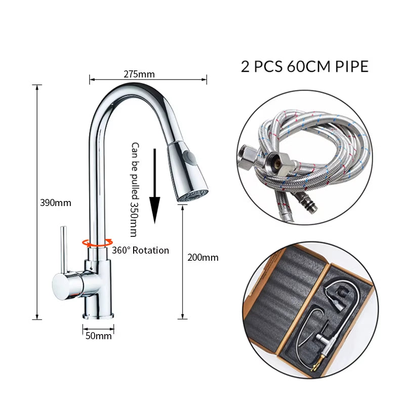 Kitchen Faucet Silver Color Surface Hot and Cold Water Faucet Kitchen Sink Faucet Pull-Out Kitchen Faucet Single Hole Tap866068