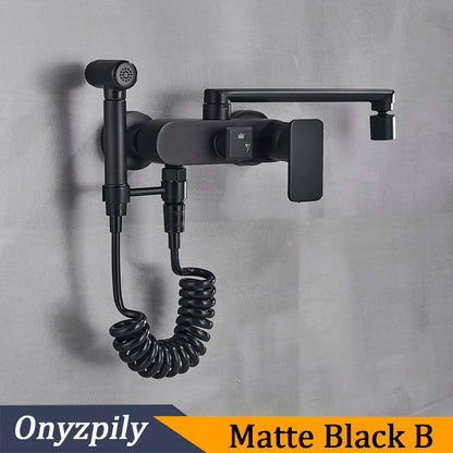 Matte Black Wall Mounted Kitchen Faucet Pull down Cold Hot Water Kitchen Taps 360 Rotation Dual Function Sprayer Taps
