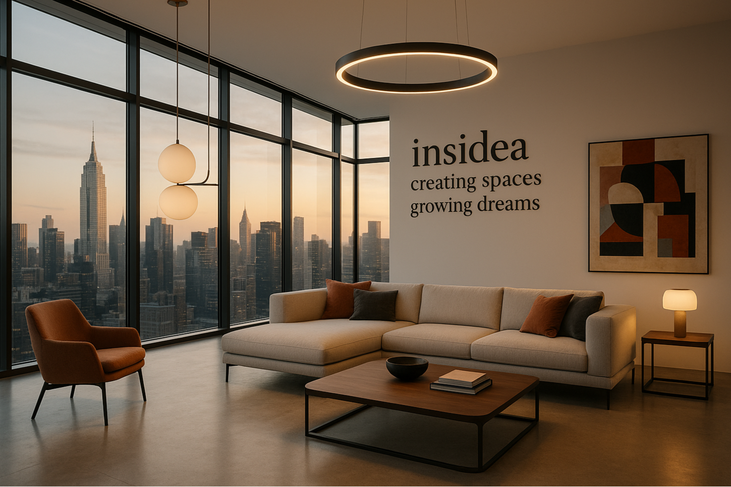 modern skyscraper appertement with stylish furniture and on this phrase (insidea creating spaces growing dreams)